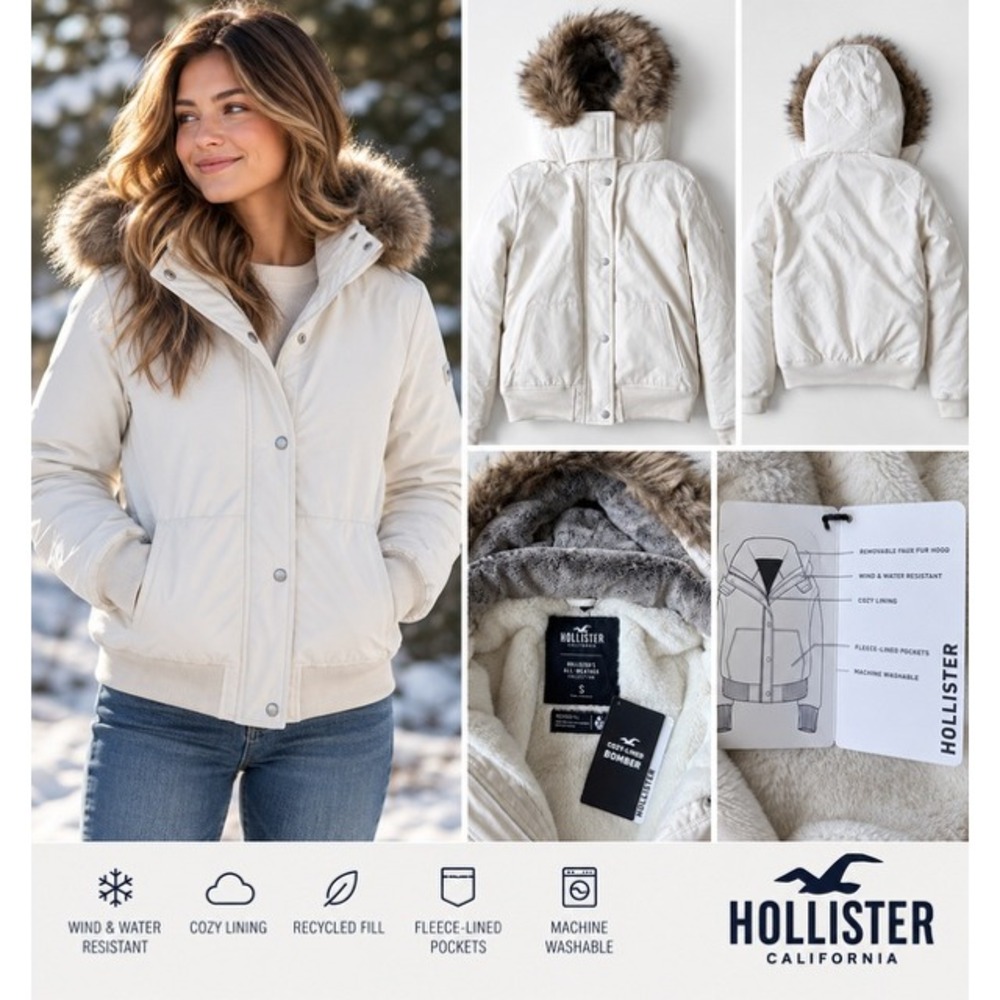 Hollister Womens All-Weather Cozy-Lined Bomber Jacket Faux Fur Hood White S NWT